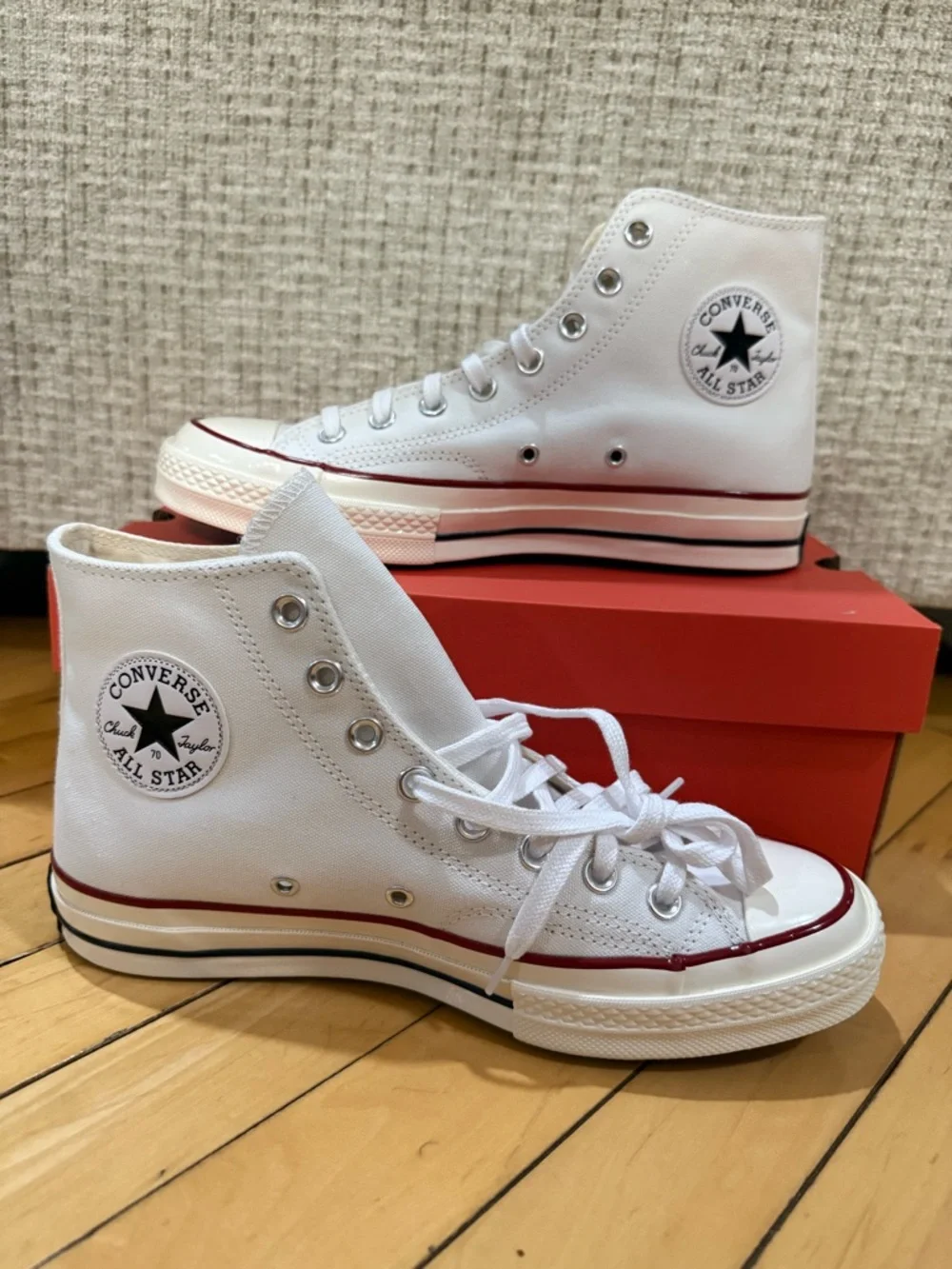 Converse White High-Top Sneakers with Red Trim - Picture 1 of 3